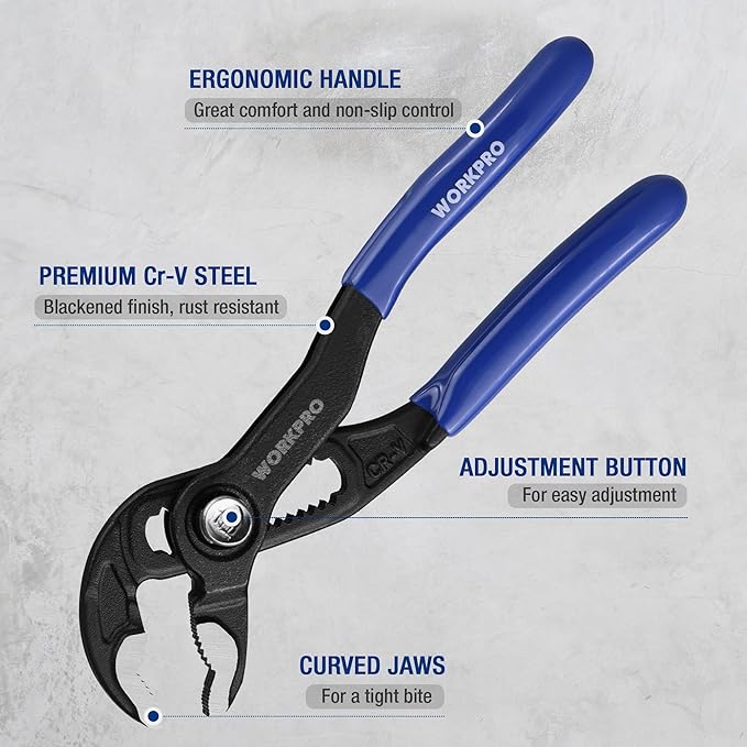 WORKPRO 5-Inch Water Pump Pliers, CR-V Plumbing Lock Plier, Quick Adjust Groove Joint Pliers, V-Jaw Quick Release Push Lock Pliers with Comfortable Grips