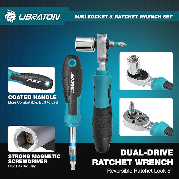 LIBRATON 1/4" Drive Mini Socket & Ratchet Wrench Set with Bits, 4-13mm Shallow Sockets, Magnetic Driver Handle, Extension Bars & Universal Joint, with Storage Case for DIY, Auto Repair