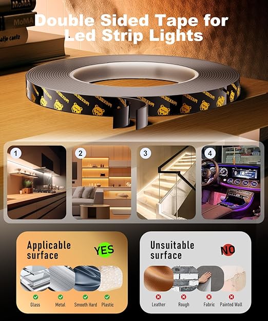 PHIXBEAR 2 Rolls Heavy Duty Double Sided Tape for Led Strip Lights, Automotive Trim, Garage, Home Decor, Indoor & Outdoor, 40Ft x 1/4" Heat Resistant Waterproof Super Strong Adhesive Mounting Tape