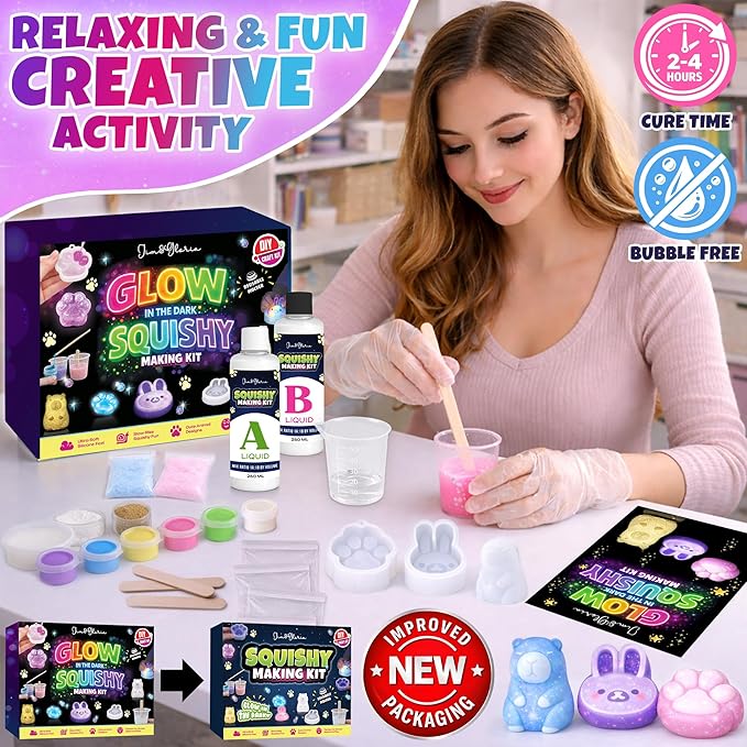 Jim&Gloria Glow in the Dark DIY Squishy Making Kit - Make Your Own Squishies All-in-One Squishy Maker Craft Kit with 1:1 Liquid Silicone, 3 Cute Animal Molds Mini Paw, Capybara, and Bunny Easter Gifts