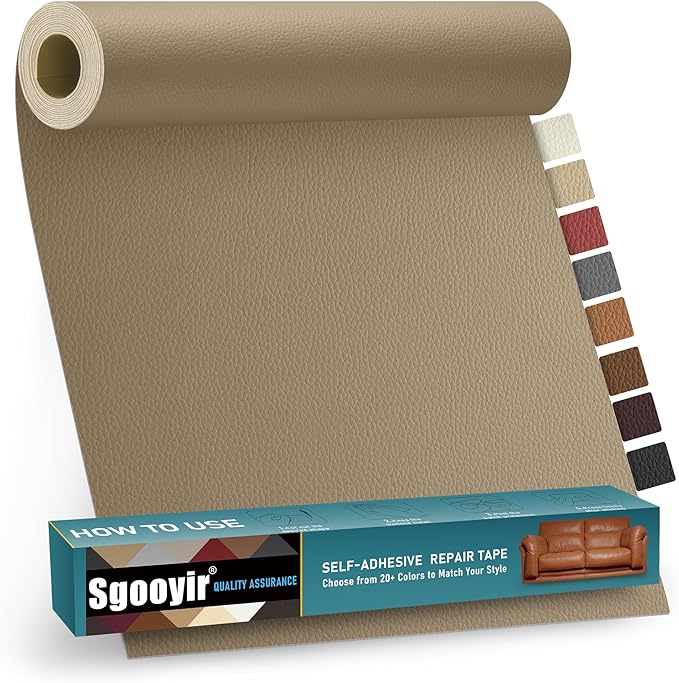 Leather Repair Patch Tape Kit, 16" x 30" Self Adhesive Leather Repair Patch for Furniture, Vinyl Leather Repair Kit for Car Seat, Chairs, Couch, Sofa, Boat Beige