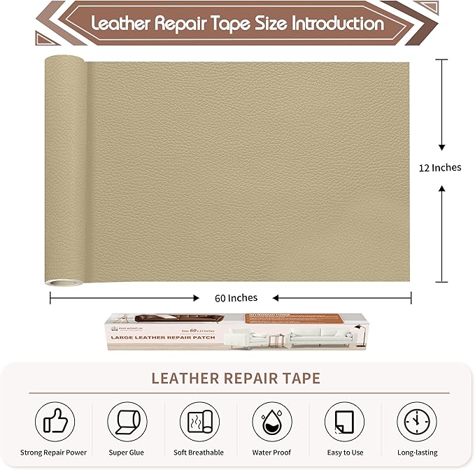 KING MOUNTAIN Leather Repair Patch,12 x 60 Inches self Adhesive Leather Repair Tape for Damaged Leather Furniture, Sofa Seating,Car Seats, Leather Goods（Medium Beige）