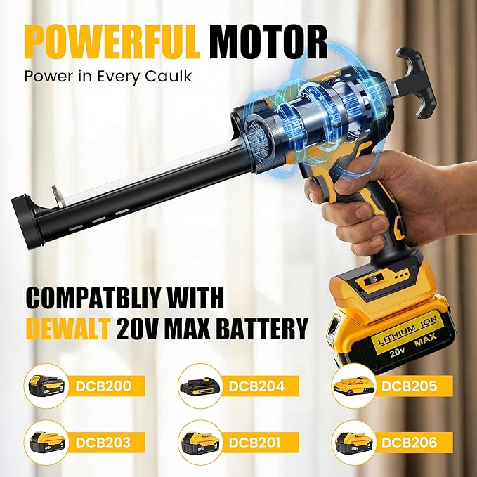 Electric Caulking Gun Compatible With Dewalt 20V Max Battery, 10 Oz Cordless Caulk Gun with 6 Adjustable Speed, LED Light, Battery Powered Caulking Gun for Filling, Sealing, Repair (TOOL ONLY)