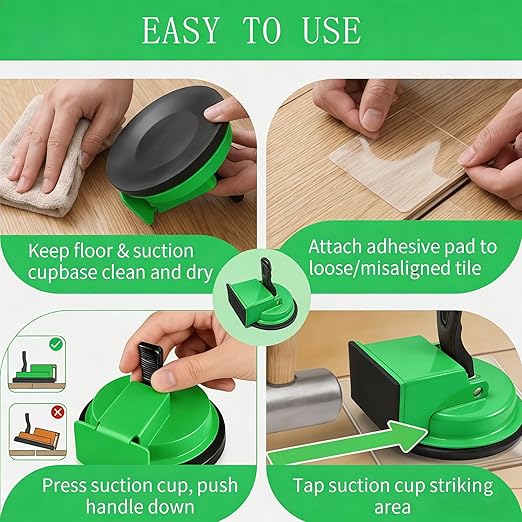 Floor Gap Fixer Tool with Vacuum Suction Cup, Heavy Duty Gap Repair Tool with 4 Reusable Sticky Pads for Laminate, Hardwood, Tile & PVC Floors (Green)