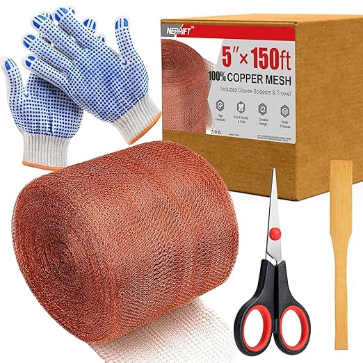 5 Inch×150 ft Copper Mesh Rodent Control Kit, 100% Pure Copper Roll for Professional Pest Barrier and Hole Blocking, Ideal for Large Garden and Extensive Home Sealing, with Scissors, Gloves, Trowel