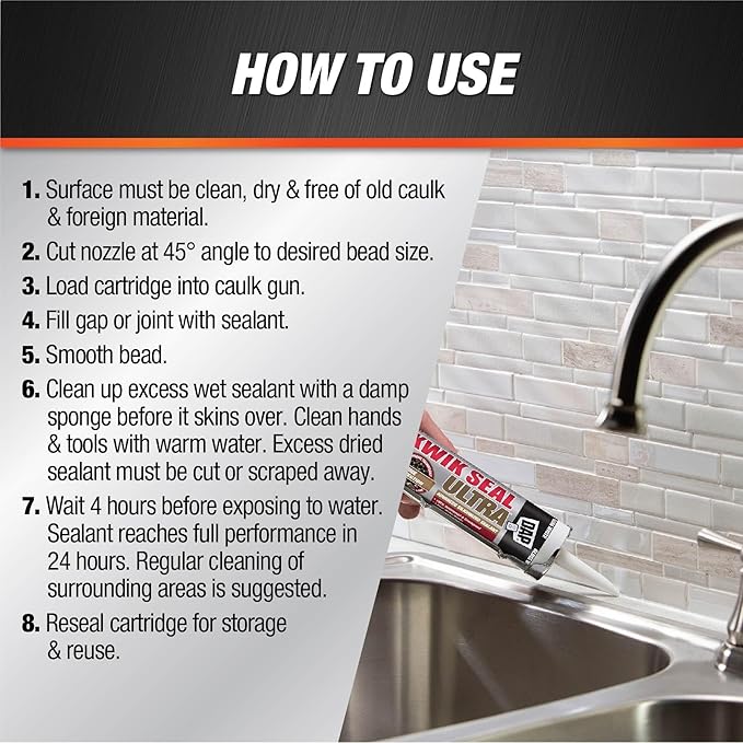 Kwik Seal Ultra Advanced Kitchen and Bath Siliconized Sealant, White, 10.1 Oz (7079818897)