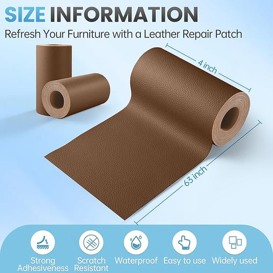 Leather Repair Patch Tape Kit, 4" x 63" Self Adhesive Leather Repair Patch for Furniture, Vinyl Leather Repair Kit for Car Seat, Chairs, Couch, Sofa, Boat Caramel Brown