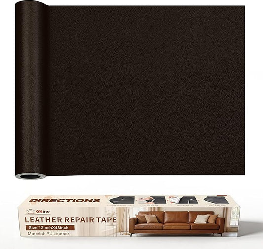ONine Leather Repair Patch，Leather Repair Tape, 12 x 48 inches Leather Repair Patch for Furniture,Vinyl Repair Kit，Leather Couch Patch，for Sofas, Furniture, Car Seats(Dark Brown-Fine Grain)