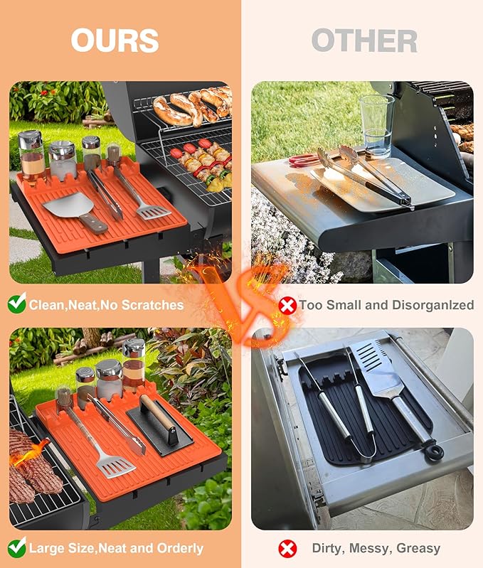 Silicone Grill Mat Compatible with Blackstone, BBQ Griddle Tools Mat with Drip Pad, Large Spatula Holder for Outdoor Kitchen Counter, Gifts for Men (Orange)