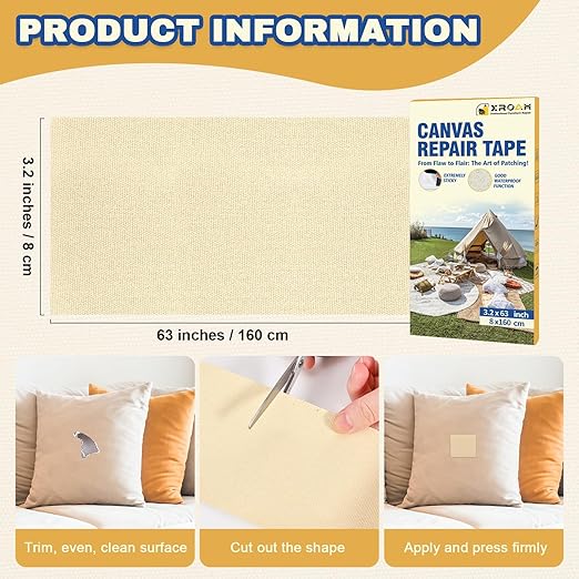 Canvas Repair Tape, 3.2 x 63 Inch Waterproof Heavy Duty Fabric Tape for Furniture, Self Adhesive Canvas Repair Patches for Boat Covers, Sofas, Tents, Louge Chairs, Canopy, Awning Beige Yellow