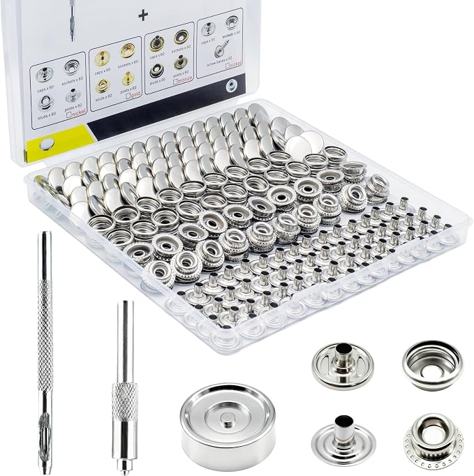 Premium 60 Sets(240pcs) 15mm Snap Button Kit, Marine Grade Stainless Steel Canvas Snap Kit with 3 Setting Tools, Heavy Duty Snap Fastener Kit for Fabric Leather Furniture Repairs DIY Projects