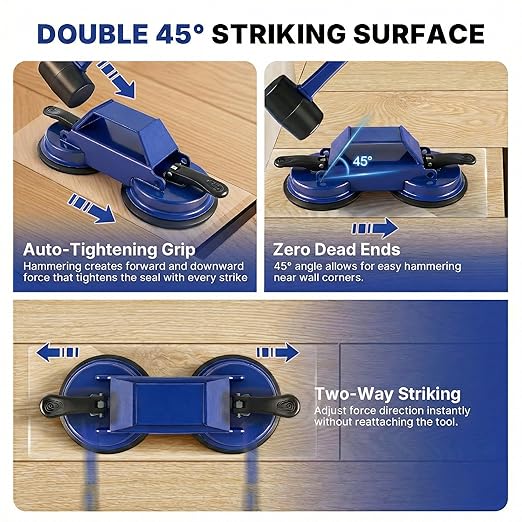 Floor Gap Fixer Tool Heavy Duty 45°Striking Surface Floor Gap Repair Tool Made of Iron & Enhanced Suction Cup with Slot Cutter, Hammer and 5pcs Sticky Pads for Fixer Laminate/Vinyl Flooring Tools