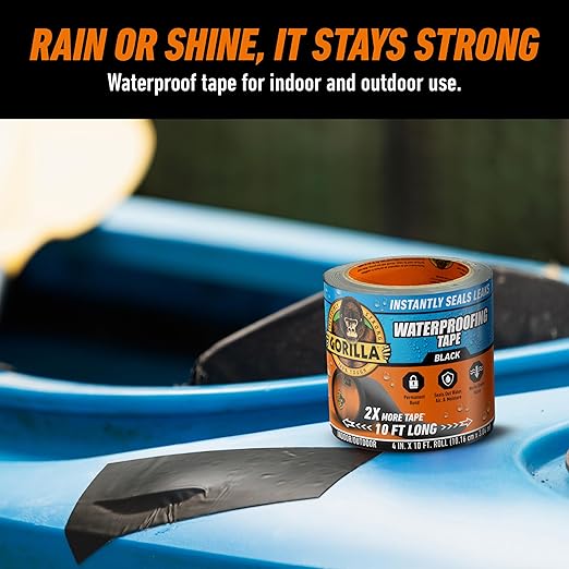 Gorilla Waterproof Patch & Seal Tape, Black Tape, 4" x 10' (Pack of 1) - Permanent Weather Resistant Seal for Leaks and Repairs