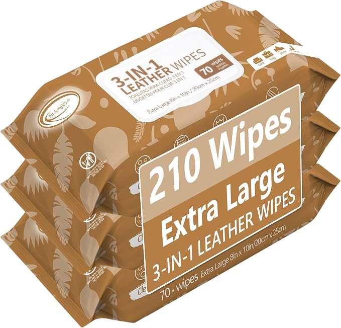 Air Jungles 3in1 Leather Cleaner Wipes 70 Count (3 Pack), XL 8x10 Inch | Clean, Condition, Protect Wipes For Vinyl & Leather Apparel, Furniture, Auto Car Interior, Shoes, Boots, Bags