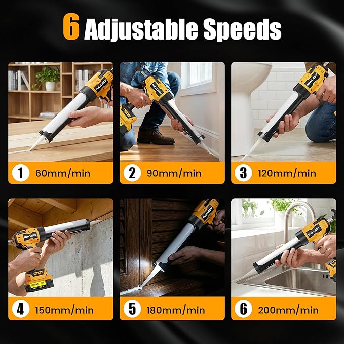 Electric Caulking Gun Compatible with Dewalt 20V Battery (without battery), Battery Powered Caulk Gun with 9pcs Caulk Remover Tool, 6 Adjustable Speeds, Dripless Silicone Gun for Filling, Sealing