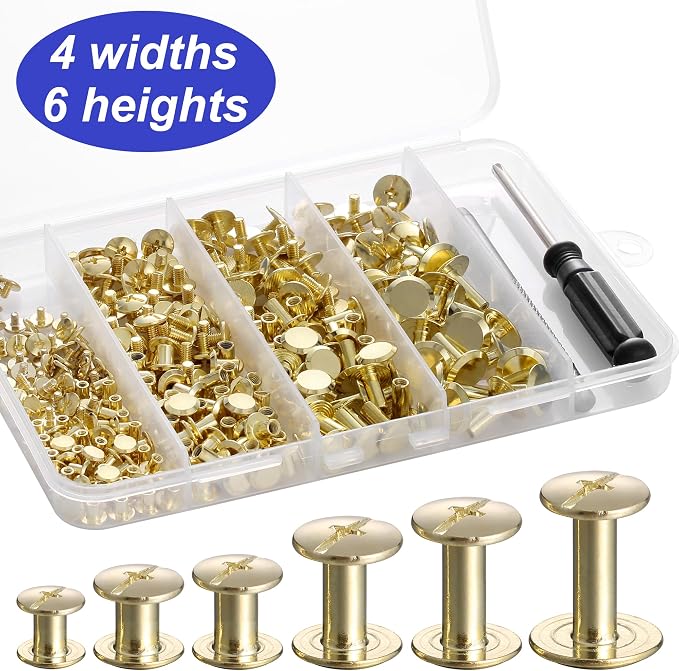 YORANYO 140 Sets Chicago Screws Leather Rivets Kit for Fabric Leather Crafting 6 Sizes Chicago Binding Screws for Decorate and Repair Belt Bag Shoes Purse Pet Collar Clothing Bookbinding (Gold)