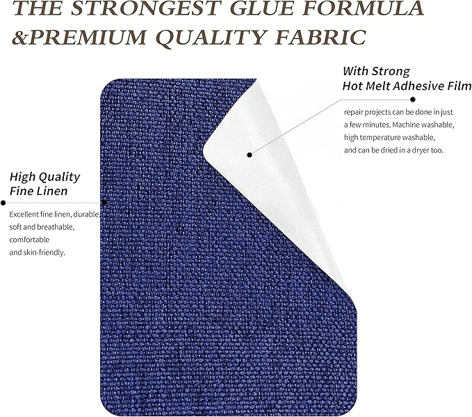 King Mountain Premium Linen Fabric Iron-on Repair Patch, Inside&Outside Fabric Repair Patch, 3"x60" with Backing Glue Linen Repair Decorative Patch kit (Linen-3"x60", Dark Blue)