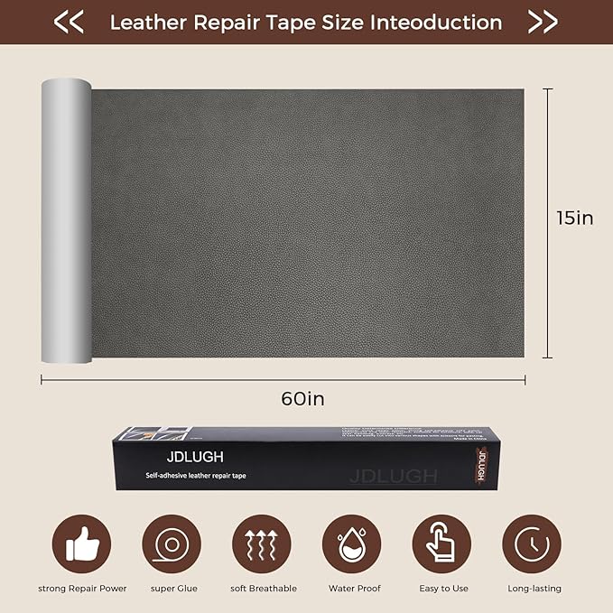 JDLUGH Sofa Leather Repair Patch Tape, Large Self Adhesive Couch, Car Seat, Office Chair, Leather Furniture, Vinyl Repair Patch Kit for Furniture (15x60 Inch, Grey)