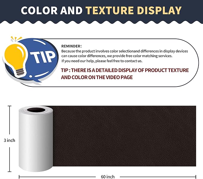 ONine Leather Repair Patch，Leather Repair Tape, 3 x 60 inches Leather Repair Patch for Furniture,Vinyl Repair kit，Leather Couch Patch，for Sofas,Furniture,car Seats,Chairs(Black Brown)