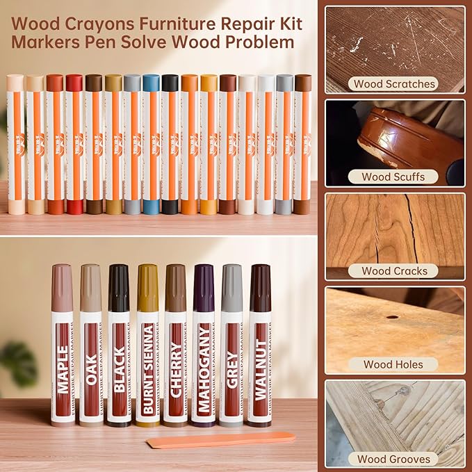 A-HEYIDA Wood Filler Putty Sticks -16 Colors Wax Crayons & 8 Furniture Marker Touch-Up Pens for Wood Floors & Cabinet Scratches, Cracks and Nail Holes - Laminate Floor Repair Kit