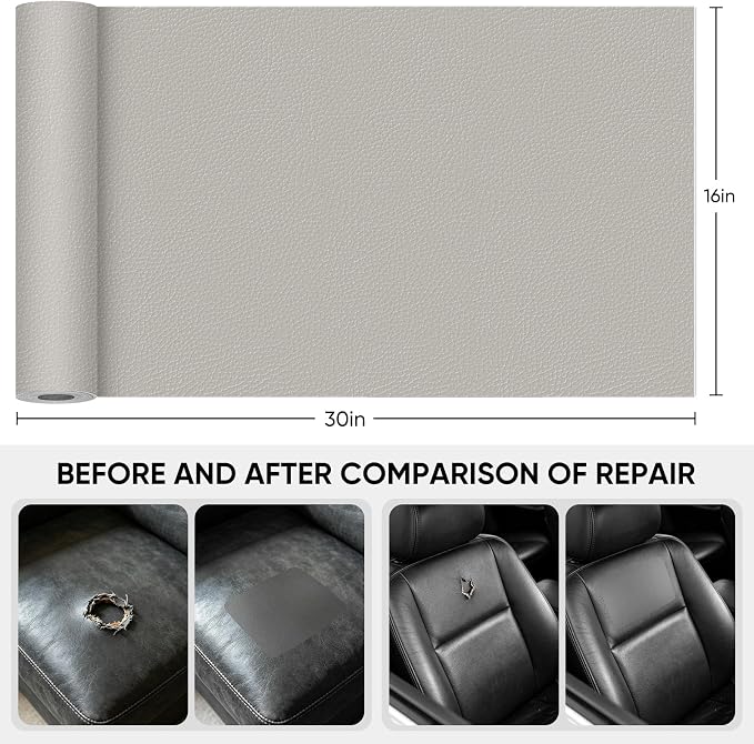 Leather Repair Tape,16 x 30 Inches Self Adhesive Leather Repair Patch，Leather Repair Kit for Furniture，Couches,Car Seats,Cabinets,Handbags(Light Grey)