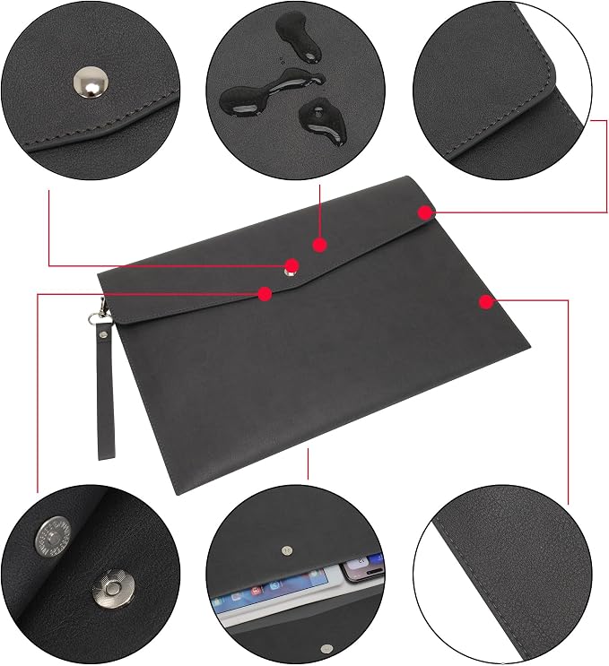 Wonderpool A4 Premium Faux Leather Envelope Documents Multifunction Folders Stationery Bag -Portfolio File for Paper Letter Stationery Organizer and Tablet Case PC Sleeve (Dark Gray)