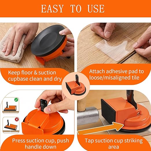Floor Gap Fixer Tool with Vacuum Suction Cup, Heavy Duty Gap Repair Tool with 4 Reusable Sticky Pads for Laminate, Hardwood, Tile & PVC Floors (Orange)