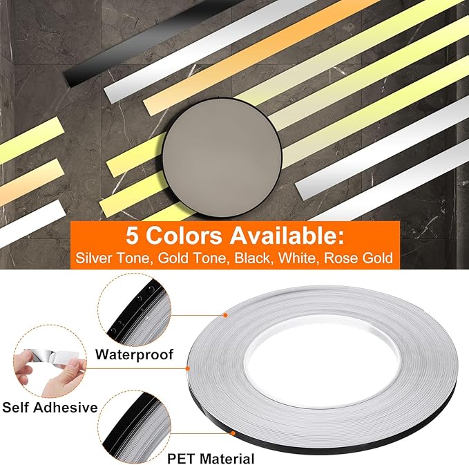 HARFINGTON 2Pcs Floor Tiles Black Foil Lines Metallic Mirror Tape 0.2" x164 Ft Self Adhesive Decor Floor Wall Seam Sticker Waterproof Gap Sealing Tape for Kitchen Bathroom Cabinet