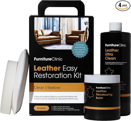 Furniture Clinic Leather Easy Restoration Kit | with Leather Recoloring Balm, Cleaner, Sponge, and Cloth | Leather Repair Kit for Scratched and Faded Furniture (Cream)