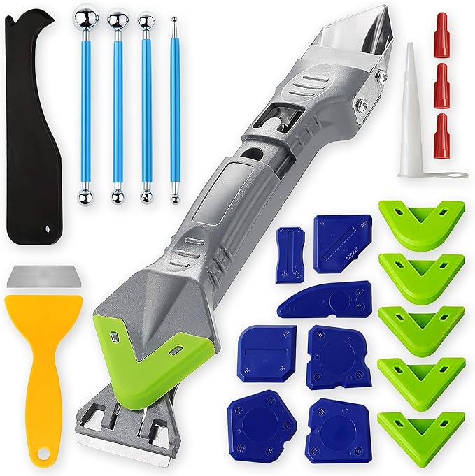 Caulking Tool Kit 23PCS – Complete Silicone Caulk Remover, Grout Scraper, Sealant Finishing Tool & Smoothing Pads – No Extra Tools Needed – Bathroom, Kitchen, Window & Floor