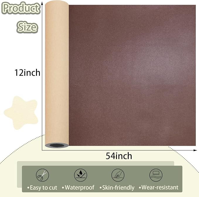 Leather Repair Patch for Furniture, 12×54 Inch Self Adhesive Leather Repair Tape, 1 Roll Vinyl Leather Repair Kit for Sofa Jackets Couches Handbags Kitchen Stools Luggage (Deep Brown)