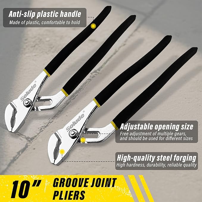 4-Piece Pilers Set with10 Inch Groove Joint Pliers, Adjustable Wrench and 6 Inch Long Nose, Lineman's Pliers for Home Use and DIY Project