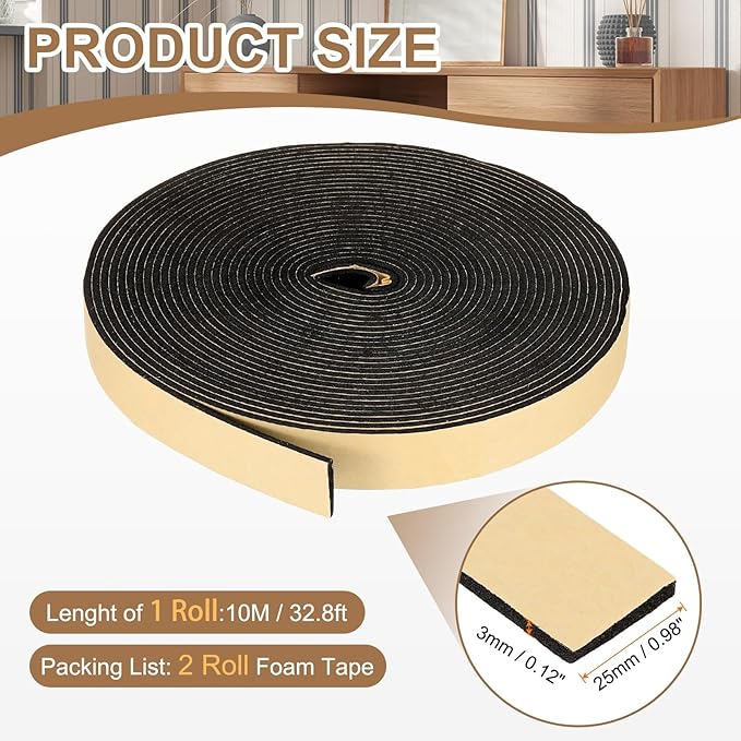 PATIKIL Foam Insulation Tape, 2Pcs 1" W x 1/8" t x 32.8FT Self Adhesive Weather Stripping Door Seal Strip for Door Window Air Conditioning, Black