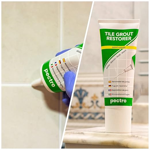 PECTRO Tile Grout Repair Paste, White, 14.1 oz (400 g) Squeeze Tube with Adjustable Spatula - Fast Drying, Odorless Filler for Grout Lines, Cracks & Gaps (Bathroom, Kitchen, Floor Tile) (KIT X 2)