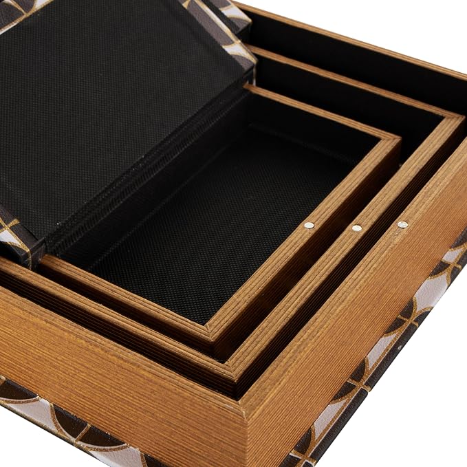 Deco 79 Faux Leather Decorative Box Faux Book Storage Book Shaped Boxes with White and Gold Geometric Patterns, Set of 3 Decorative Keepsake Boxes 13", 11", 9"H, Black