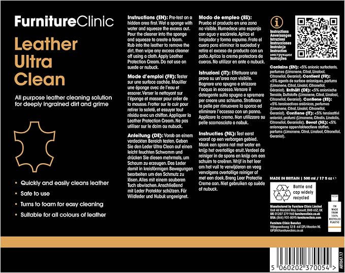 Furniture Clinic Leather Complete Restoration Kit | with Leather Recoloring Balm, Cleaner, 2-in-1 Protection Cream & Conditioner, Sponge, and Cloth | Repair Kit for Furniture (Dark Brown)
