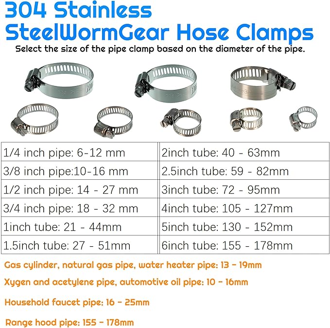 50pcs of 6-29 mm / 1/4 inch - 1-1/8 inch flexible hose clamps, 304 stainless steel worm-type hose clamps, suitable for pipes, intermediate coolers, water pipes, fuel pipes