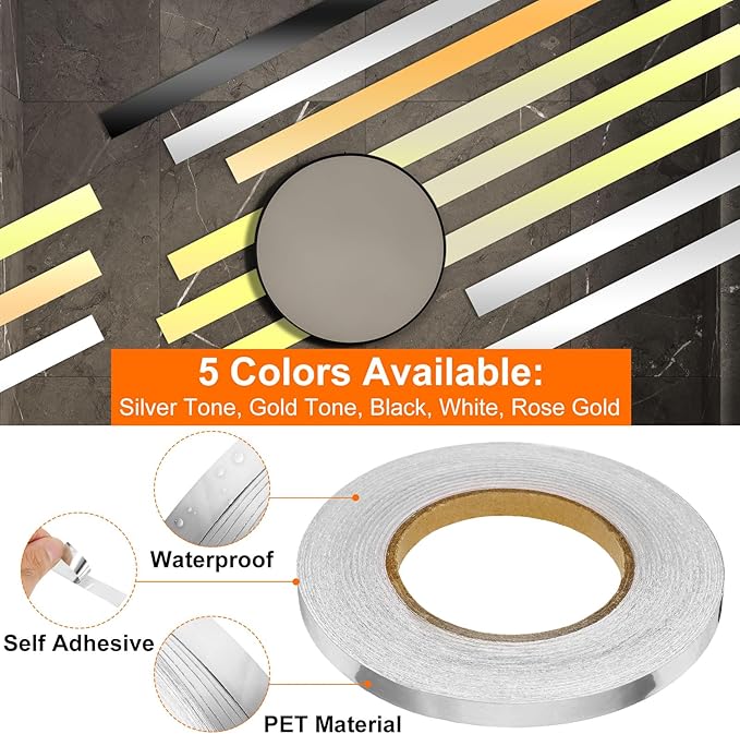HARFINGTON 2Pcs Floor Tiles Silver Foil Lines Metallic Mirror Tape 0.4" x164 Ft Self Adhesive Decor Floor Wall Seam Sticker Waterproof Gap Sealing Tape for Kitchen Bathroom Cabinet