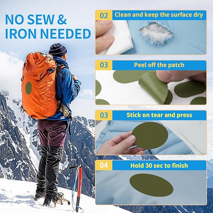 Waterproof Nylon Fabric Repair Tape Tent Repair Kit, 4pcs Outdoor Gear Tenacious Fix Tape, Self-Adhesive Fabric Patches for Clothes, Down Puffer Jacket, Tent, Sleeping Bag, Backpack, Light ArmyGreen