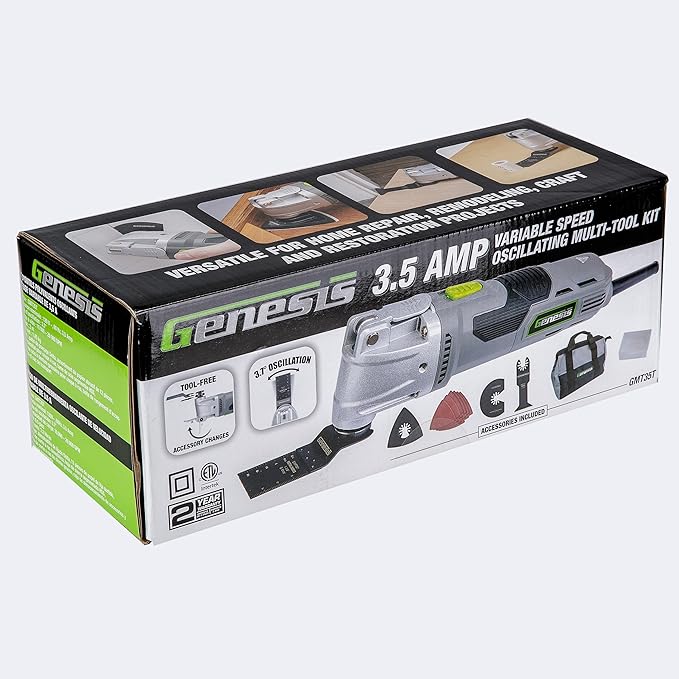 Genesis Oscillating Tool 3.5 Amp Oscillating Multi Tool with 3.7° Oscillation Angle, 6 Variable-Speeds with 16-Piece Accessory Set, Storage Box, Carrying Bag, and 2 Year Warranty (GMT35T)