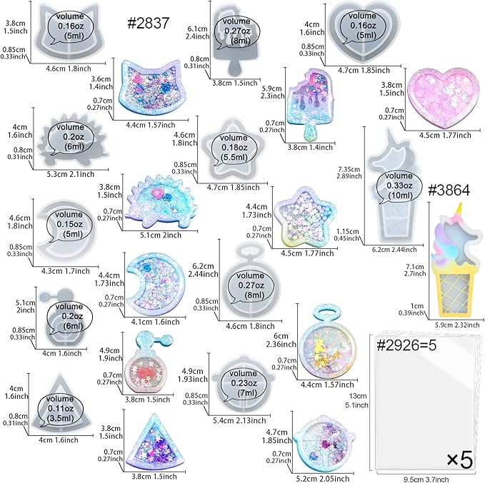 FUNSHOWCASE Resin Shaker Molds Set Charms Pendant Jewelry Making Supplies 11 Trays Bundle with 5 Seal Films and Tutorial Manual
