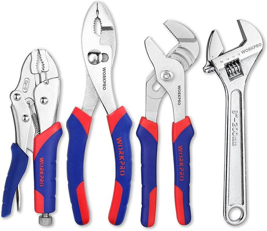 WORKPRO Pliers Set 4-piece Locking Plier Slip-joint Plier Groove Joint Pliers and Adjustable Wrench Home Maintenance Tool Kit