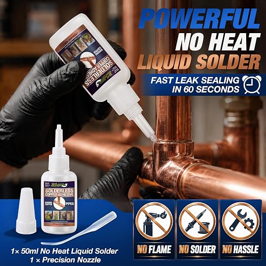 50ml Copper Soldering Kit, No Heat Liquid Solder for Copper Pipe w/Precision Nozzle, Instant Leak Repair Plumbing Solder for Copper&Brass, Up to 500 PSI,-60°F to +300°F,Bonding Solution for Pipe&HVAC