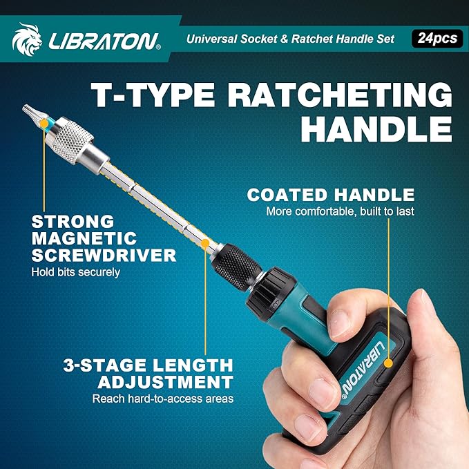 LIBRATON 24PCS Universal Socket & Ratchet T-Handle Screwdriver Set with Multi Bit Set, Magnetic Ratcheting Handle, Socket Adapter, with Storage Case, for DIY, Auto Repair