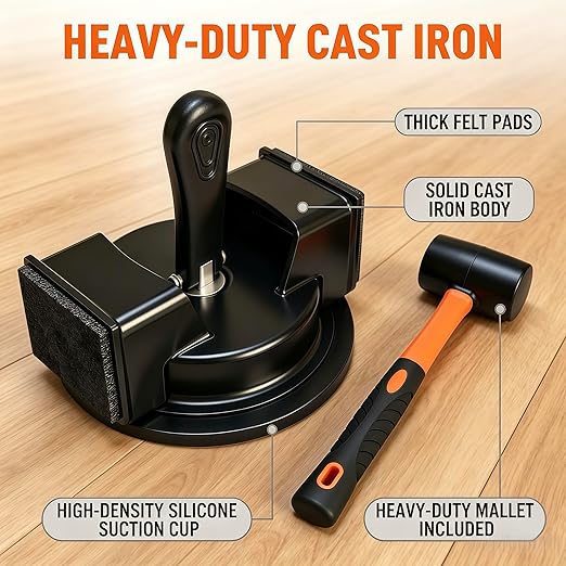 Heavy Duty Floor Gap Fixer Tool for Laminate & Vinyl Plank Flooring - Suction Cup Gap Fixer with Rubber Mallet & Reusable Pads, Plank Grabber for LVP, Hardwood & Floating Surface Repair Tool