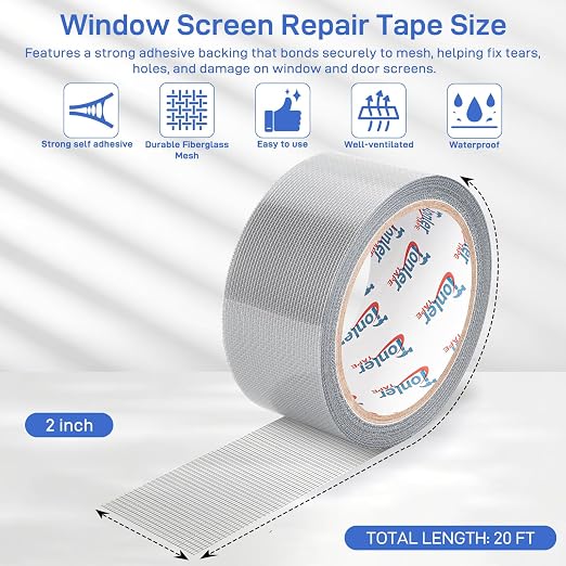 Window Screen Repair Tape 2 in x 20 FT Fiberglass Strong Adhesive Screen Patch, Waterproof Mesh Repair Kit for Window & Door Screen Holes Tears - Gray