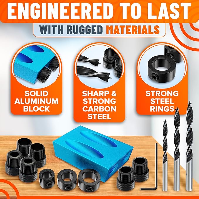 14 Pcs Compact Pocket Hole Jig Kit – Build Strong, Clean Joints with Hidden Screws | Aluminum Pocket Screw Jig with 15° Angle Drill Guide, 6 Bushings 6–10mm, 3 Drill Bits, Stop Rings, Adapter, Case