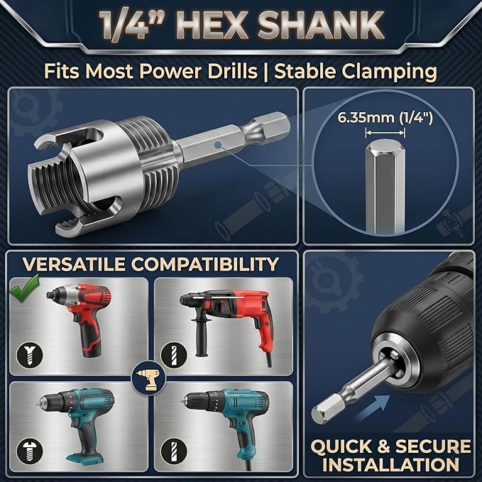 KIMPOK PVC Pipe Threader Tool Set, NPT Dies for 1/2, 3/4, 1 in Pipe | Heavy duty carbon steel NPT dies with 1/4 hex shank, internal pipe wrench and 2 seal tapes for drill powered PVC repair