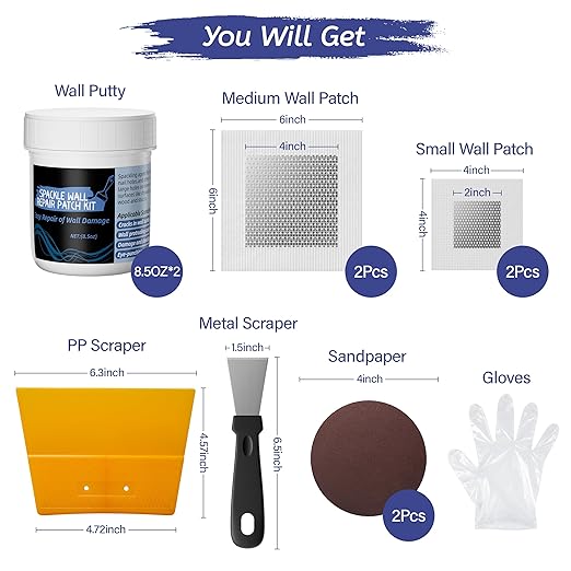 Oriflame Drywall Repair Kit: 8.5 Ounce Spackle Wall Repair with Patch/Scraper/Sandpaper/Gloves - White Wall Putty for Nail Holes/Cracks/Dents/Stains/Peeled Wall (2)