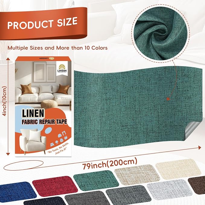 Linen Fabric Repair Tape 4x79 Inch, Self Adhesive Couch Patch Repair Fabric Tape for Furniture, Linen Patch Kit for Couch, Carpet, Upholstery, Chair, Sofa, Pillows, Bag (Coarse, Green)